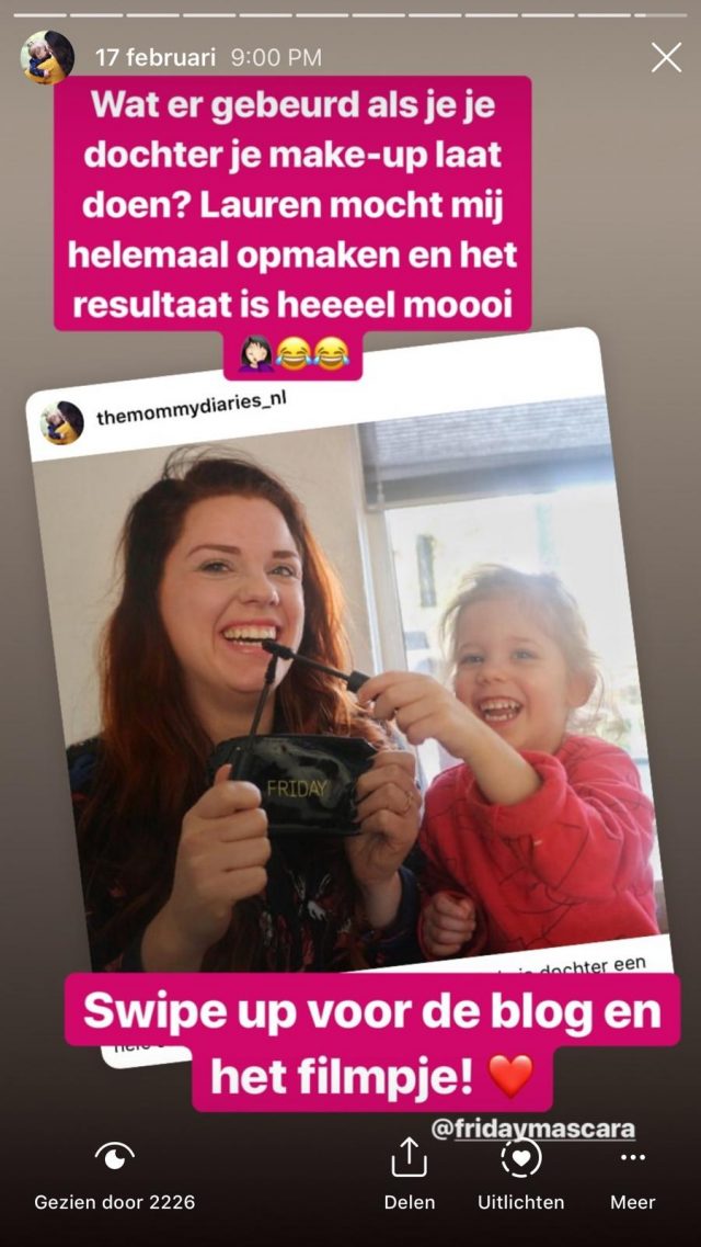 Tamara van The Mommy Diaries, Instagram story voor FRIDAY Mascara