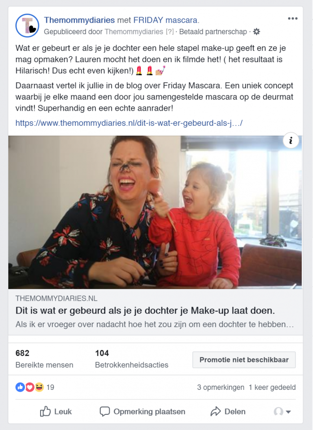 Tamara  van The Mommy Diaries, Facebook post voor FRIDAY Mascara
